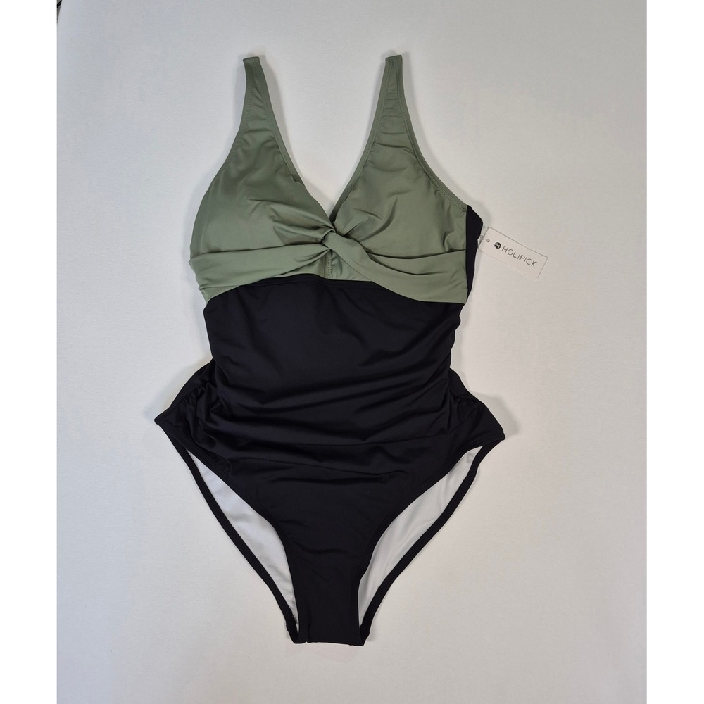 Holipick One Piece Swimsuit Sage Green Black Ruched Tummy Control XL NWT